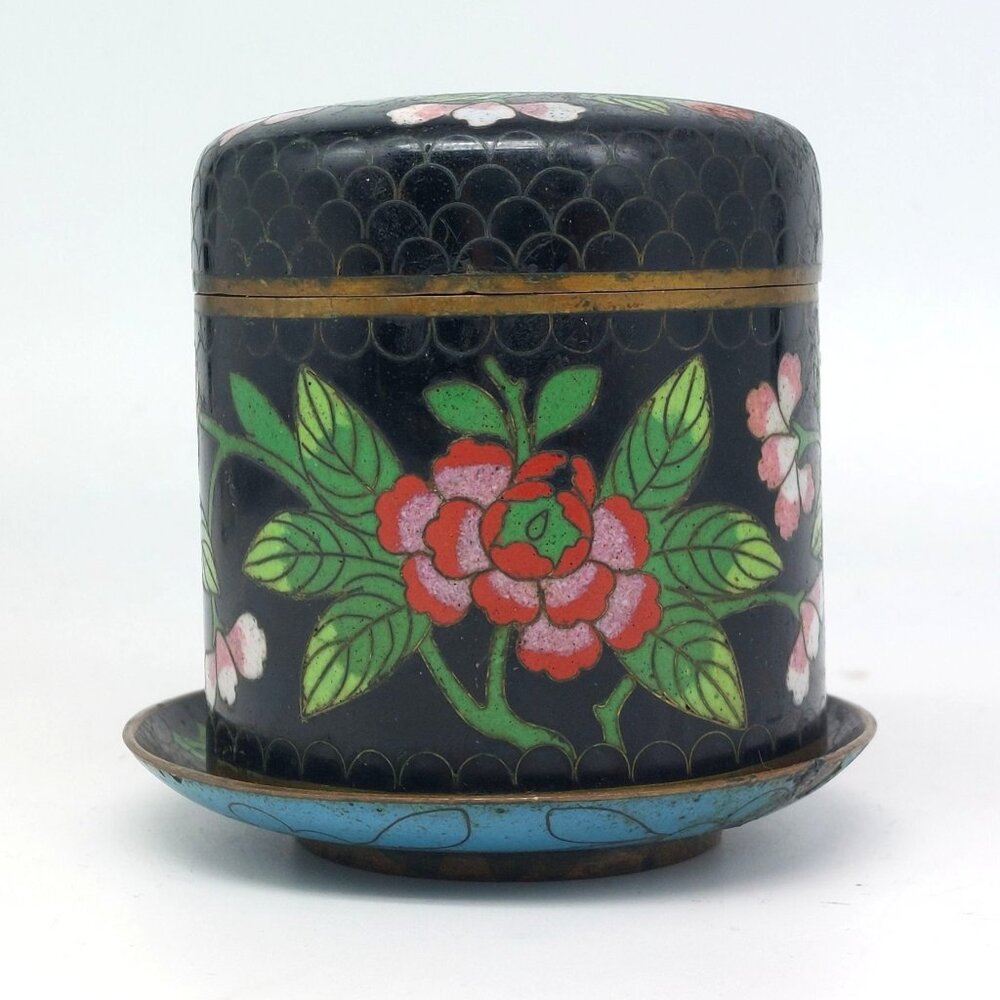 Antique Chinese Brass Cloisonne Tea Jar Box and Matching Saucer, Black with Pink